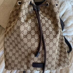 Gucci Tan and Brown Monogram Drawstring Backpack